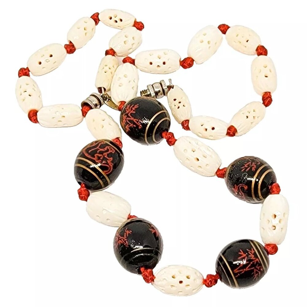 1970s-80s Signed Les Bernard Asian Beaded Necklace Handmade Cream Red Black